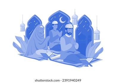 Muslim Family Reading Quran Illustration concept on white background