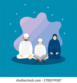 a muslim family are reciting holy book, the quran in the night of ramadan, month of fasting, design vector illustration concept.