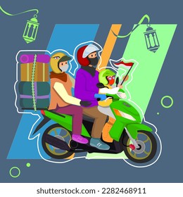 Motocicleta de una familia musulmana para regresar a su ciudad natal o mudik para Ied Al Fitr. Adecuado para usar como contenido de medios sociales, tarjetas de felicitación, página de aterrizaje, afiche y aplicaciones móviles. POSE LIBREMENTE AJUSTADO. Vector