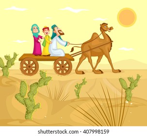 Muslim family riding on camel cart in vector