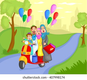 Muslim family riding on scooter in vector