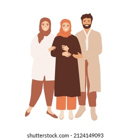 Muslim family. Saudi parents standing with their daughter. Happy people. Vector illustration.