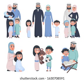 Muslim family set isolated on white background vector illustration. Mother father children and grandfather in good relationships flat style design. Traditions concept