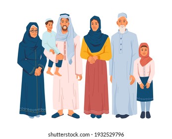 Muslim family, several generations isolated arabian people in national cloth. Vector parents and grandparents, children daughter and son. Bearded man and woman in hijab, ramadan kareem celebration