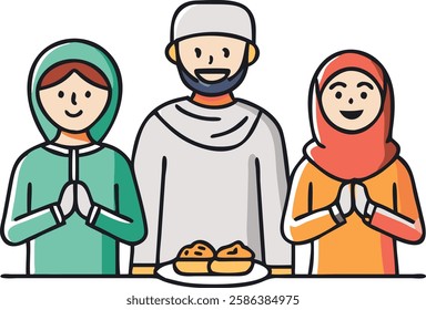 Muslim family sharing food during iftar in Ramadan, symbolizing togetherness and gratitude.