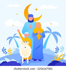 muslim family with a sheep said happy eid adha vector illustration with moon star background. islamic theme of eid mubarak. muslim community illustration Banner Design Vector Illustration. mom dad son