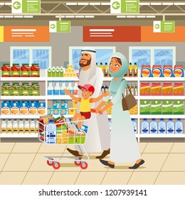 Muslim Family Shopping Cartoon Vector Illustration with Man, Woman and Child Wearing Arabian Ethnic Clothes, Pushing Shopping Cart near Shelves in Supermarket. Happy Parents with Son Buying Groceries