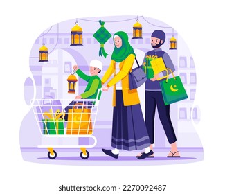 A Muslim Family is shopping in the grocery market store. a mother is holding a trolley with her son in it and a father is carrying gifts and groceries. Ramadan Sale and Shopping concept illustration