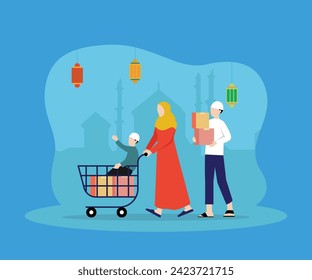 Muslim Family is shopping in the grocery market store flat 2d vector illustration