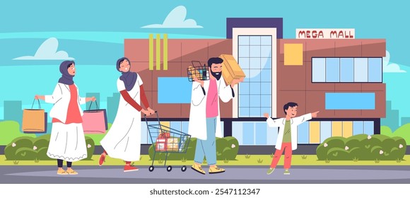 Compras de la familia musulmana. Personas árabes felices que caminan fuera del supermercado del centro comercial, compras al por menor del mercado de la venta de los clientes islámicos del niño de la madre árabe, Ilustración vectorial elegante