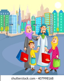 Muslim family shopping with kid in vector