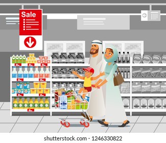 Muslim Family Shopping on Supermarket Sale Cartoon Vector Illustration with Parents in Arabian Ethnic Clothes, Riding Child on Shopping Cart with Food near Shelves in Supermarket. Food Savings Concept