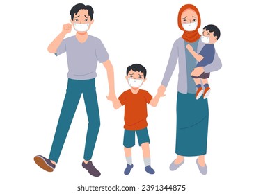 Muslim family is sick due to air pollution and have to wear masks