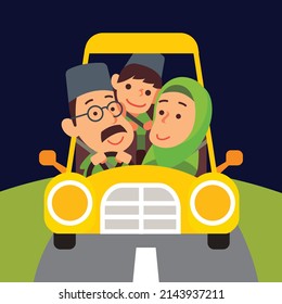 Muslim family sit inside car which father driving on the road vector illustration