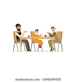 Muslim family sitting at dinner table. Mother, bearded father and their daughter. Cartoon character of man, woman and little girl. Religious people. Flat vector design