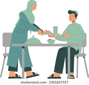 Muslim family sitting at the table and having dinner together. Flat vector illustration.