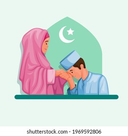 Muslim Family Son And Mother Apolizing In Ramadan Celebration Illustration Cartoon Vector