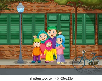 Muslim family standing by the road illustration