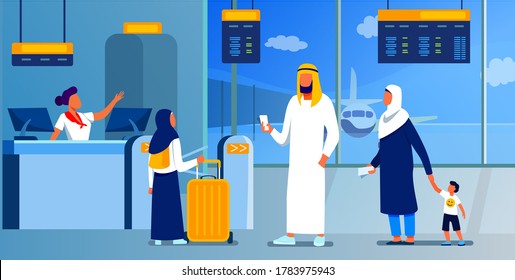 Muslim family standing at check in desk in airport. Couple with children waiting boarding flat vector illustration. International tourism concept for banner, website design or landing web page