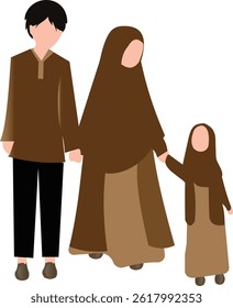 Muslim family standing together. Father, mother in hijab, and daughter holding hands, representing unity, love, and traditional Islamic family values.
