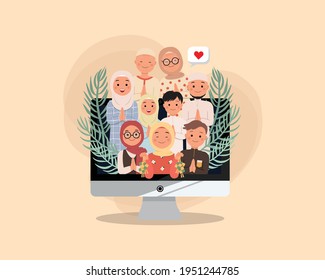 Muslim family stay connected via video call. Eid Mubarak. Flat vector cartoon design