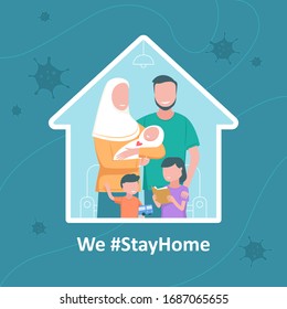 Muslim Family Stay at home to prevent coronavirus outbreak. Practice self-isolation by muslim family members. Father, Mother, kids and baby. Hijab woman, Beard man