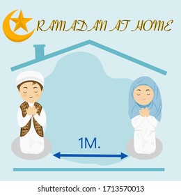 Muslim family stay to pray Ramadan Kareem at home for safe from spread of coronavirus.vector illustration.