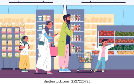 Supermercado familiar muçulmano. Pais árabes e crianças juntos escolhendo alimentos dentro da mercearia, comprador árabe ramadan compra compras, vetor elegante ilustração arte original