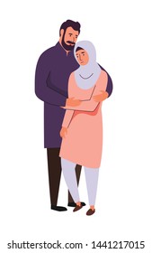 Muslim Family, Supporting Arab Couple. Saudi Man And Sad Woman In Islamic Hijab Clothing Vector Illustration.