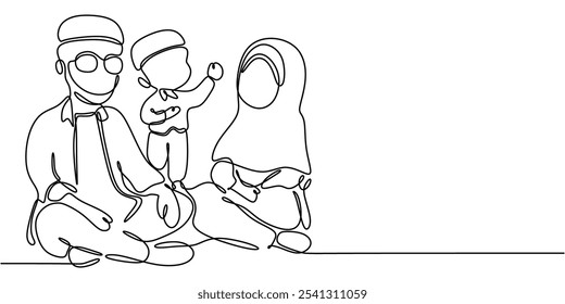 Muslim Family Togetherness. Continuous One Line Drawing Illustrating Family Concept in Minimalist Style.