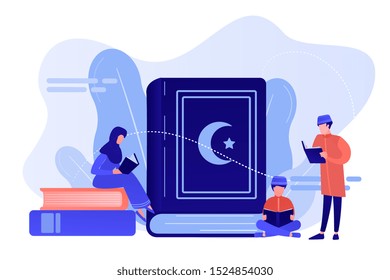 Muslim family in traditional clothes reading holy book Quran, tiny people. Five Pillars of Islam, Islamic calendar, Islamic culture concept. Pinkish coral bluevector isolated illustration