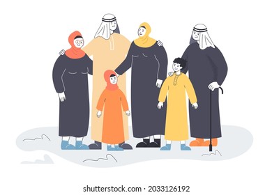 Muslim family in traditional dresses flat vector illustration. Happy mom, dad, grandmother, grandfather with cane, children and grandchildren in hijabs. Saudi Arabia, family, culture concept