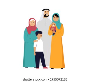 Muslim family in traditional wear, vector illustration