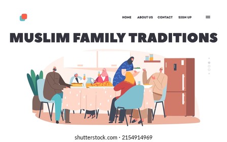 Muslim Family Traditions Landing Page Template. Traditional Festive Dinner, Arab Characters Eating Iftar Sitting Together at Table with Various Meals During Ramadan. Cartoon People Vector Illustration