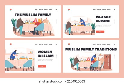 Muslim Family Traditions Landing Page Template Set. Traditional Festive Dinner, Arab Characters Eating Iftar Sit Together at Table with Various Meals During Ramadan. Cartoon People Vector Illustration
