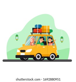 Muslim family travel back to hometown parents village with car to celebrate eid fitr holiday vector illustration. Indonesian mudik tradition for idul fitri