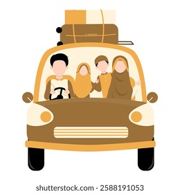 Muslim Family Traveling with Car. Muslim Going Mudik Traveling for Eid Mubarak