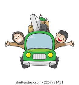 muslim family traveling in car with happy expression.  homecoming.  illustration design