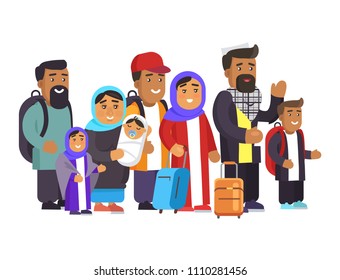 Muslim family traveling together, refugee people isolated on white, mother father and little children, vector Illustration of escapee outlaw characters