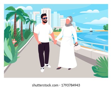 Muslim Family Vacation Flat Color Vector Illustration. Man And Woman Hold Hands And Walk. Husband And Wife On Holiday. Arabian Couple 2D Cartoon Characters With Urban Beach On Background