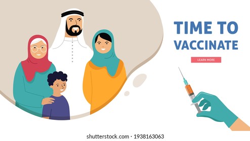 Muslim Family Vaccination concept design. Time to vaccinate banner - syringe with vaccine for COVID-19, flu or influenza and a family