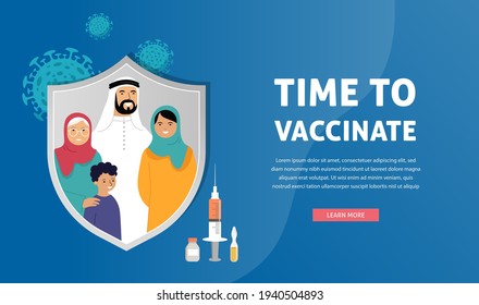 Muslim Family Vaccination concept design. Time to vaccinate banner - syringe with vaccine for COVID-19, flu or influenza and a family