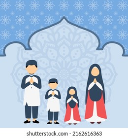Muslim family vector cartoon illustration greeting eid mubarak