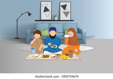 Muslim family vector room eating dinner man with wife and child