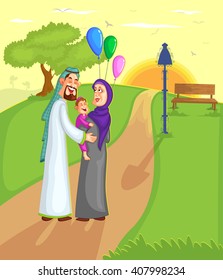 Muslim family walking with kid in vector