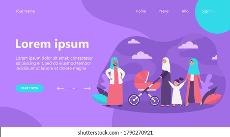 Muslim family walking in park. Kid, nature, love flat vector illustration. Nationality and religion concept for banner, website design or landing web page