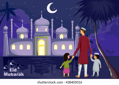Muslim family watching moon of Eid in vector