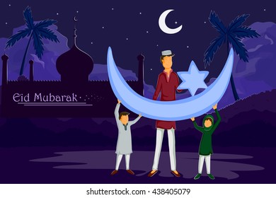 Muslim family watching moon of Eid in vector