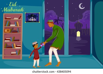 Muslim family watching moon of Eid in vector
