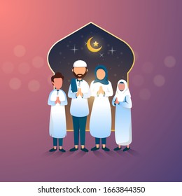 Muslim family welcomes the month of Ramadan, Flat design for Ramadan greeting postcard